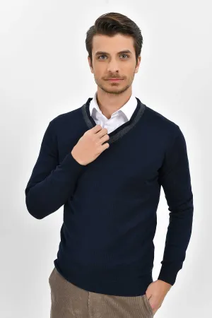 Slim Fit Navy Cotton Blend V-Neck Sweater