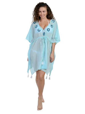 Solid color kaftan with beaded circle details along the front collar