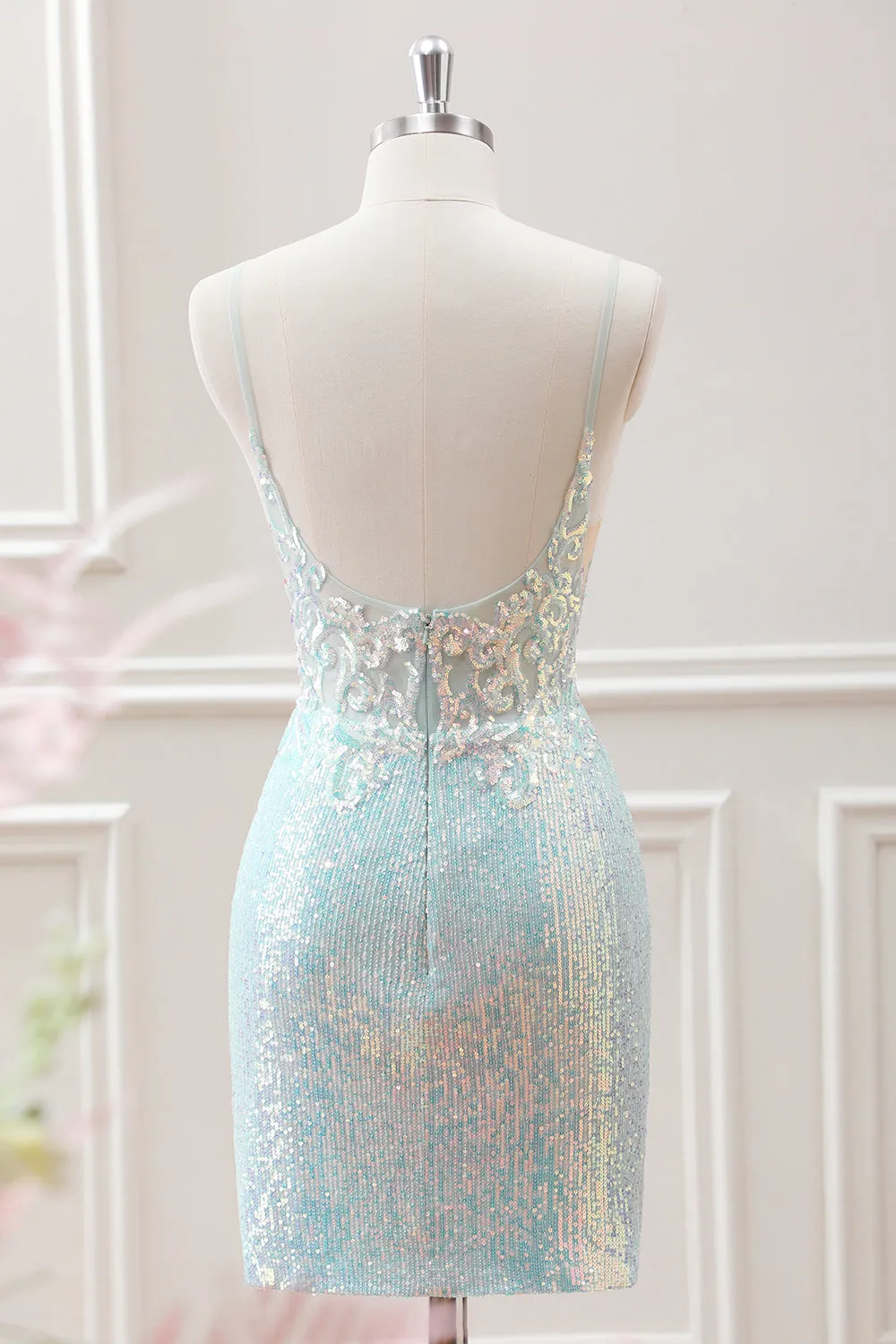 Sparkly Light Green Spaghetti Straps Beaded Sequined Slit Mini Dress