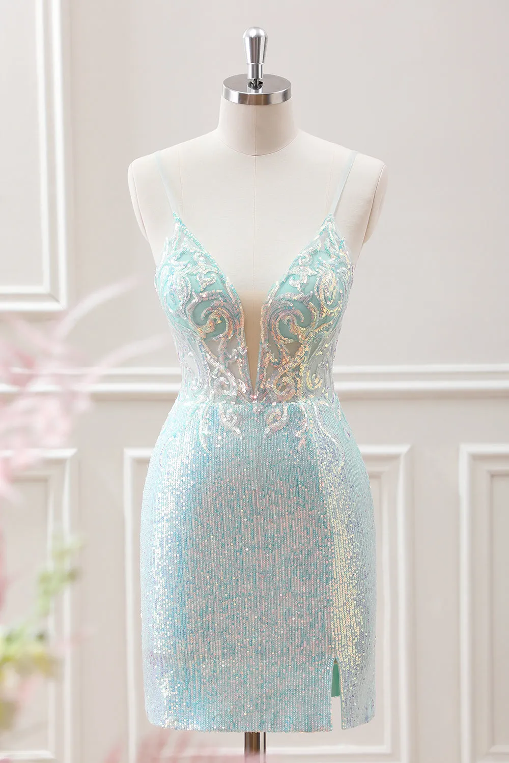 Sparkly Light Green Spaghetti Straps Beaded Sequined Slit Mini Dress