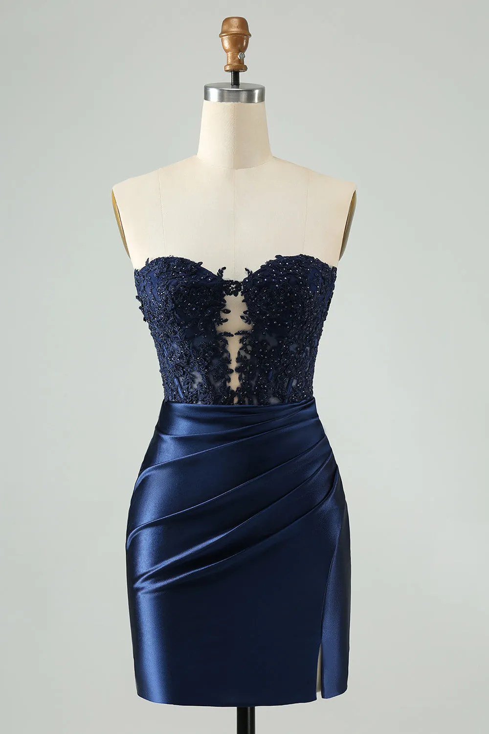 Sparkly Royal Blue Bodycon Strapless Hollow Out Mini Dress with Lace