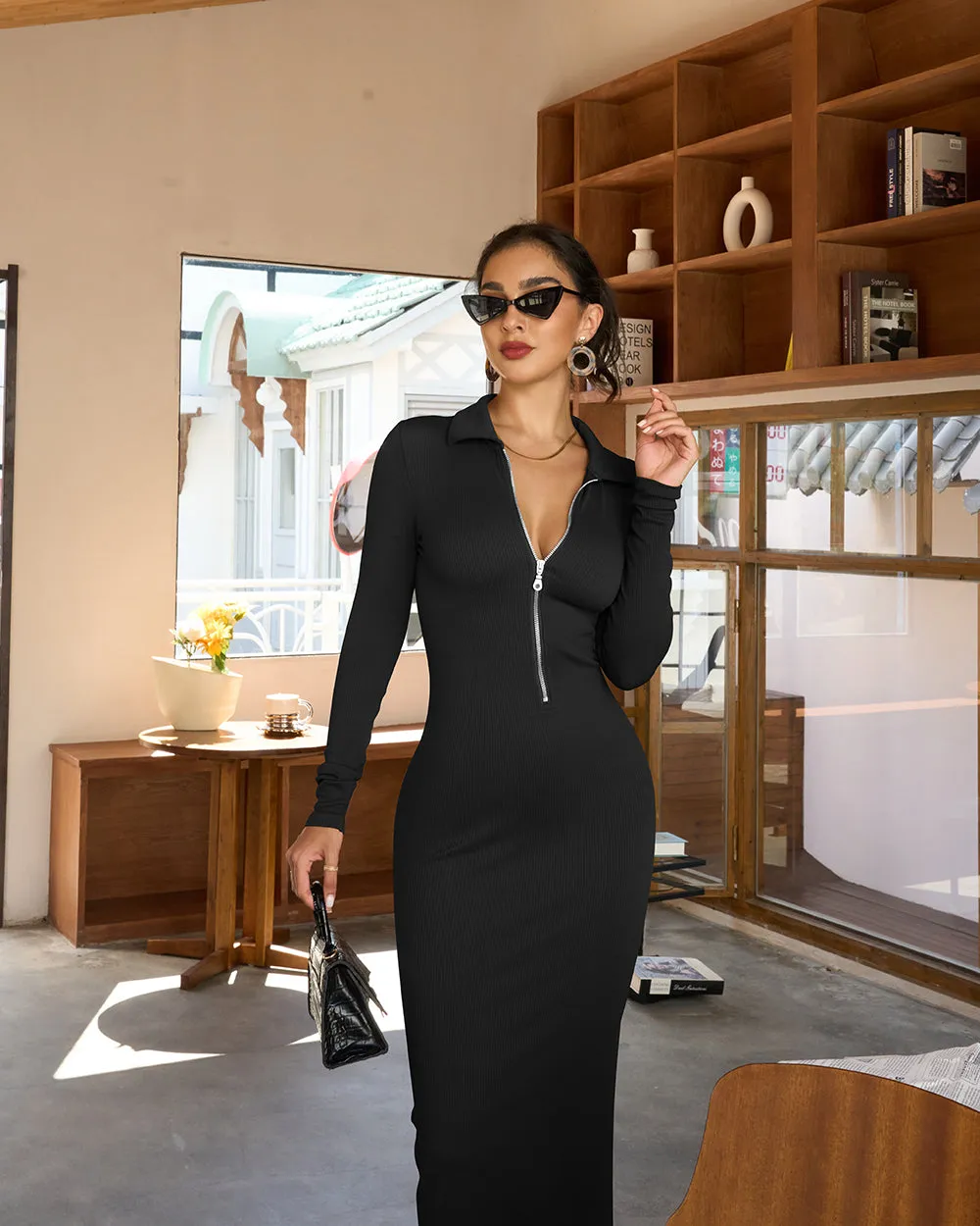 Split Long Sleeve Zipper Ribbed Bodycon Soft Dresses