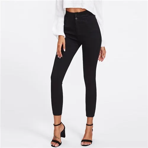 Spring Stylish Women's High Waist Single-breasted Skinny Pant Black