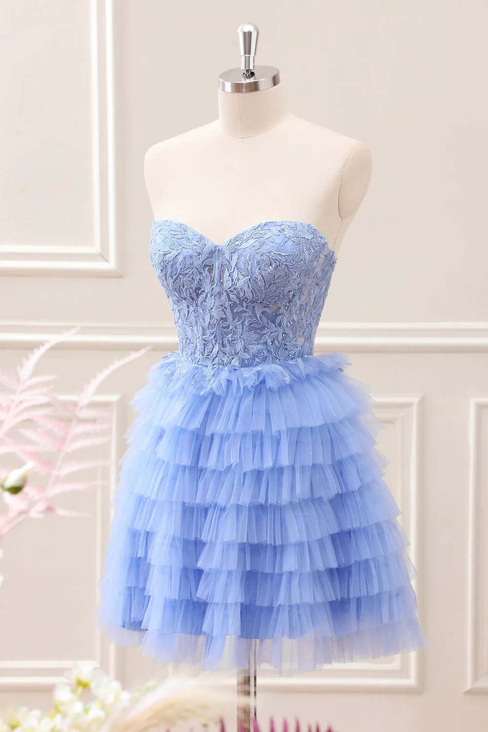 Sweetheart Lilac A-Line Corset Tulle Mini Dress with Lace