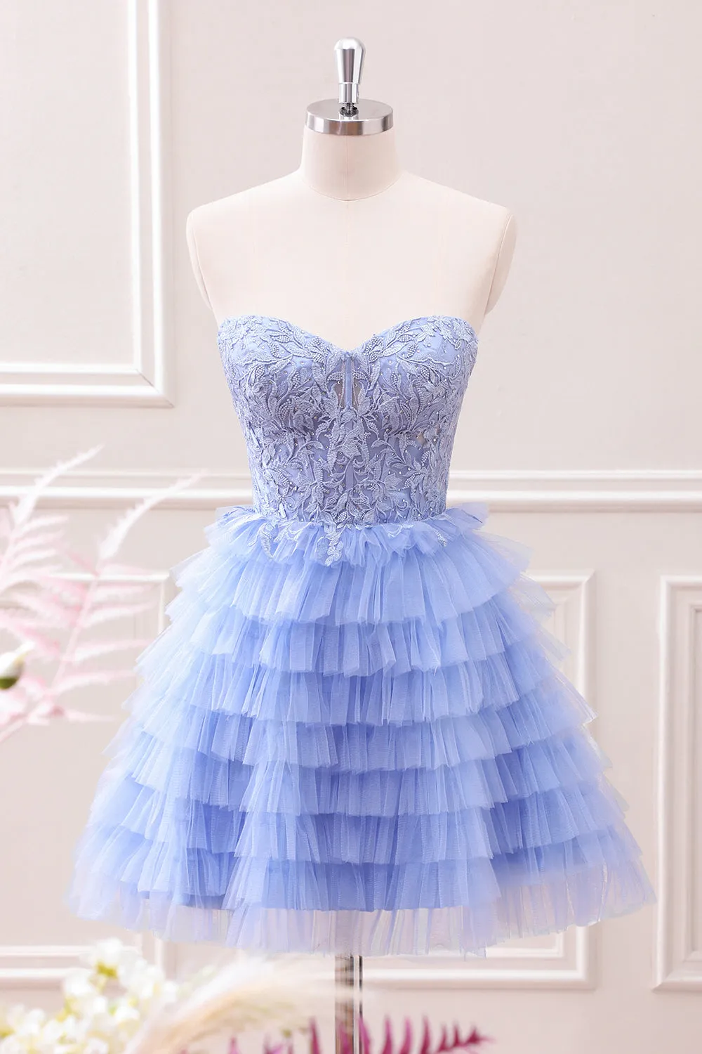 Sweetheart Lilac A-Line Corset Tulle Mini Dress with Lace