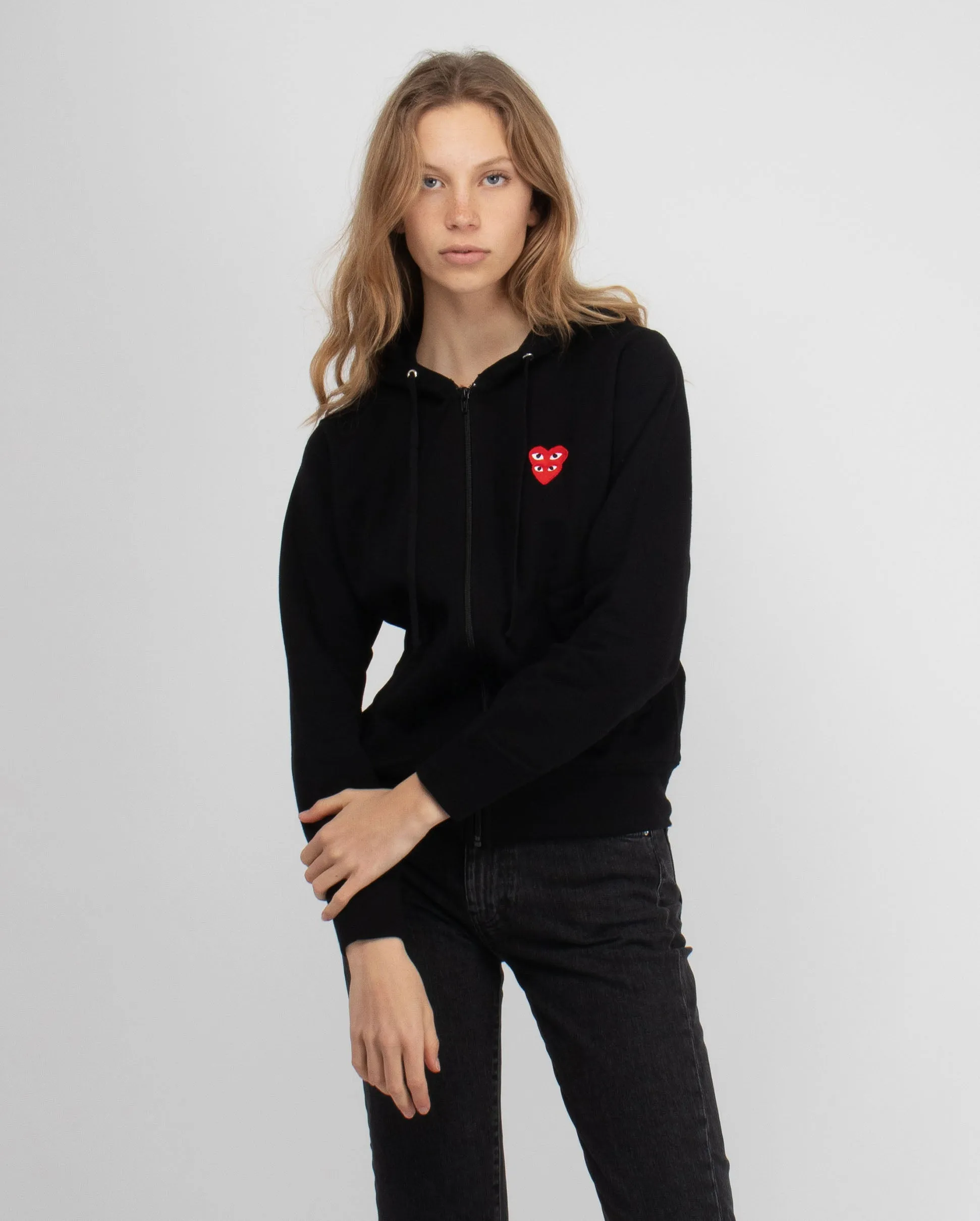 T293 DOUBLE RED HEART ZIP UP HOODED SWEATSHIRT SWEATSHIRT / BLACK