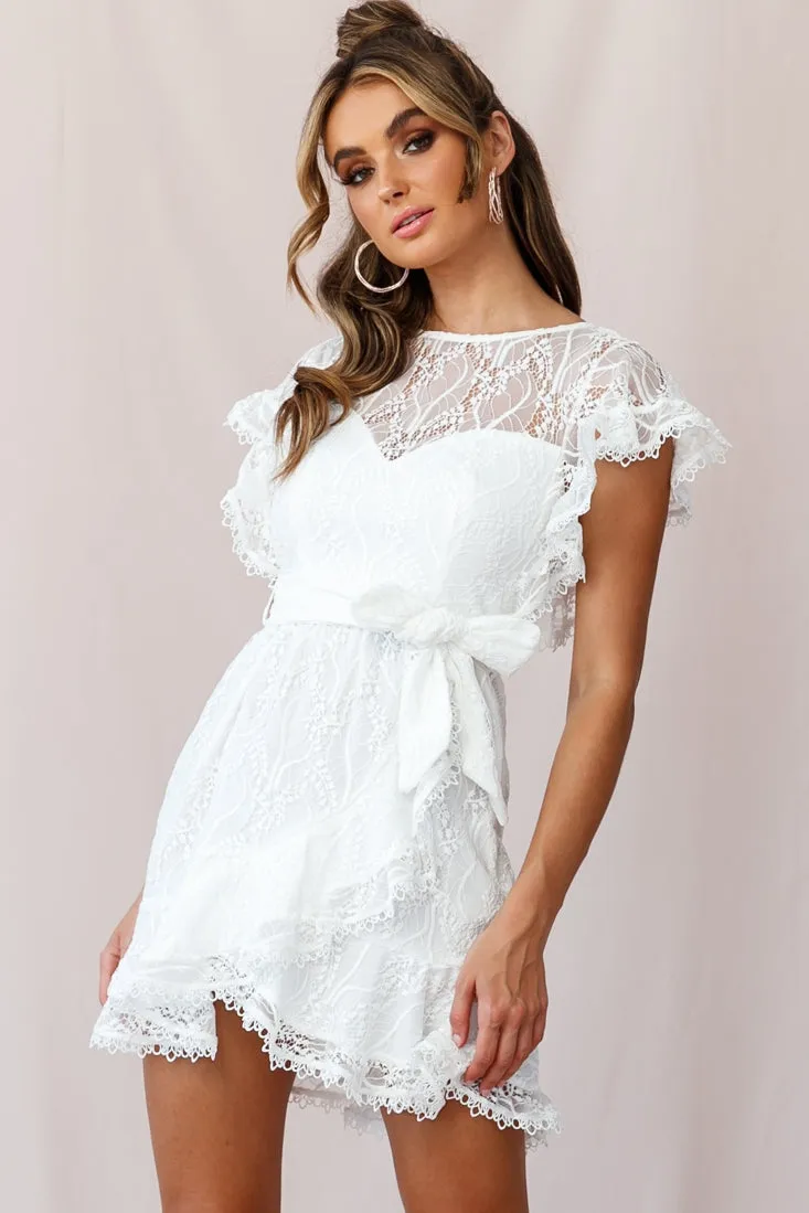 Taya Ruffle Shoulder Waist Tie Dress White Lace