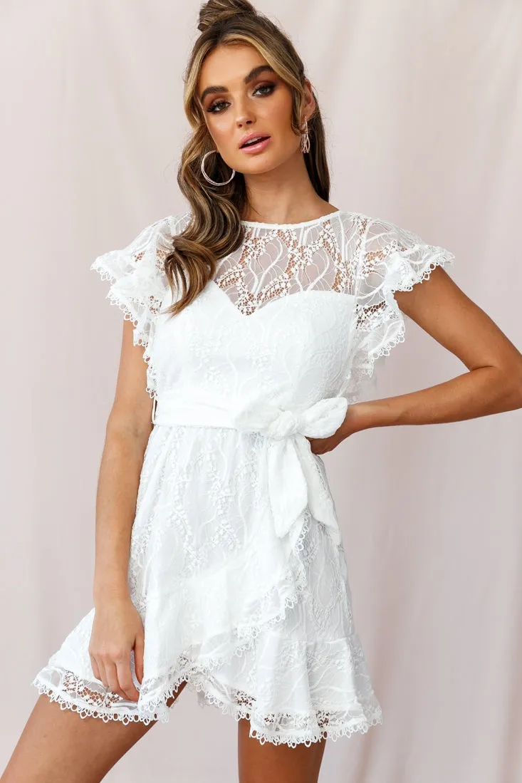 Taya Ruffle Shoulder Waist Tie Dress White Lace