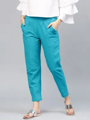 Turquoise Blue Solid Cotton Slub Straight Pants