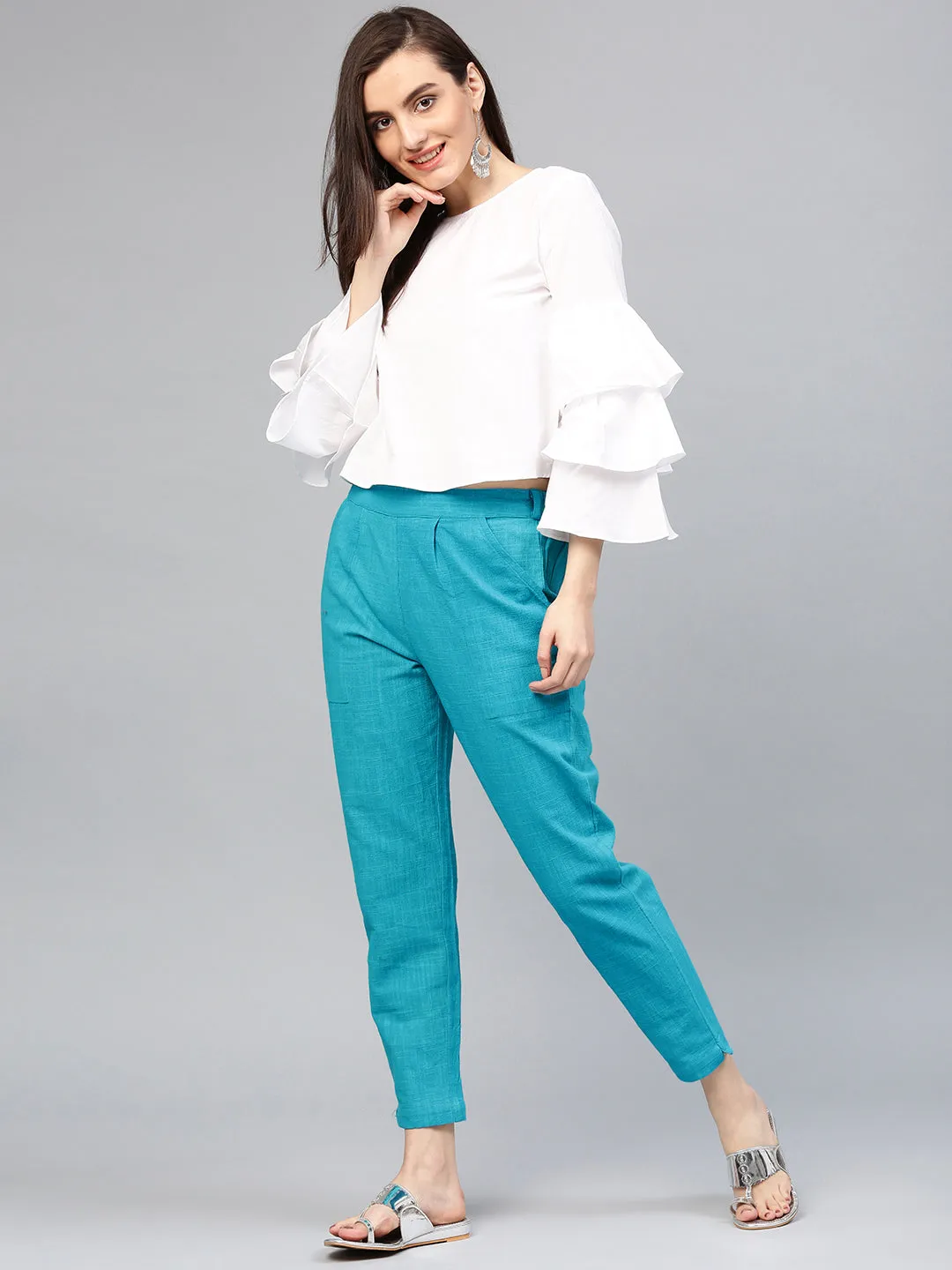 Turquoise Blue Solid Cotton Slub Straight Pants