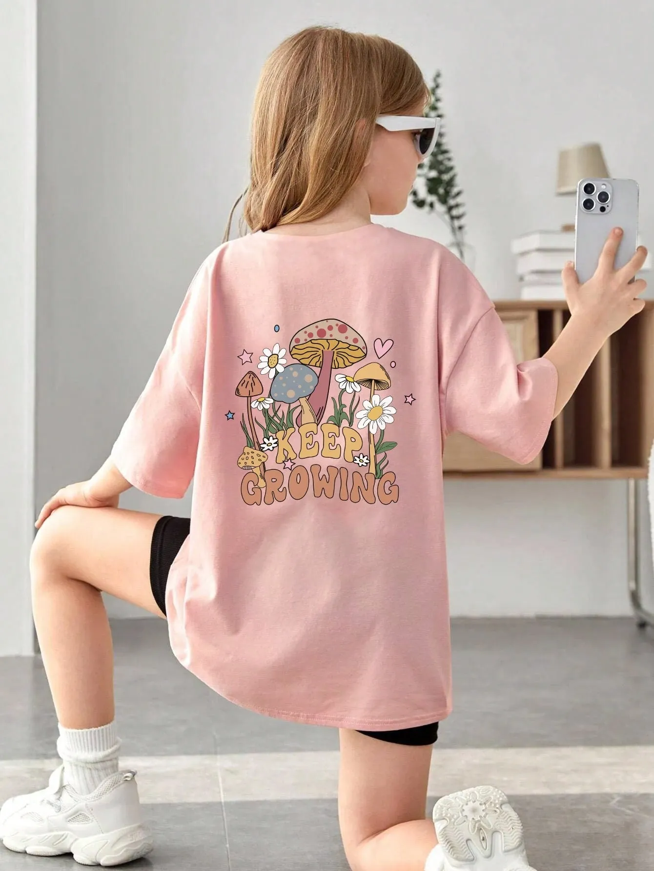 Tween Girl Casual Oversized Mushroom Slogan Tee - Drop Shoulder, Round Neck, Half Sleeve