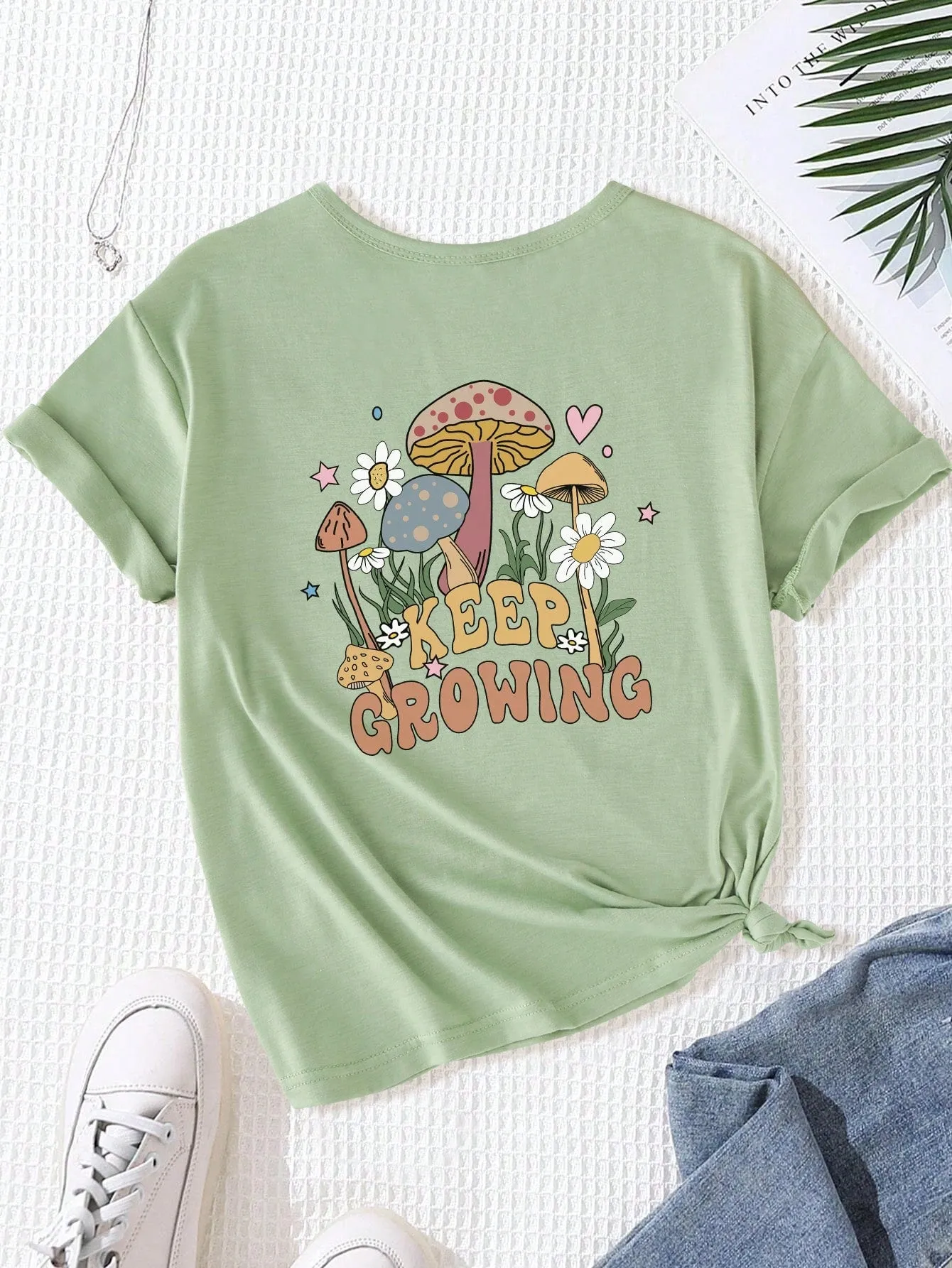 Tween Girl Casual Oversized Mushroom Slogan Tee - Drop Shoulder, Round Neck, Half Sleeve