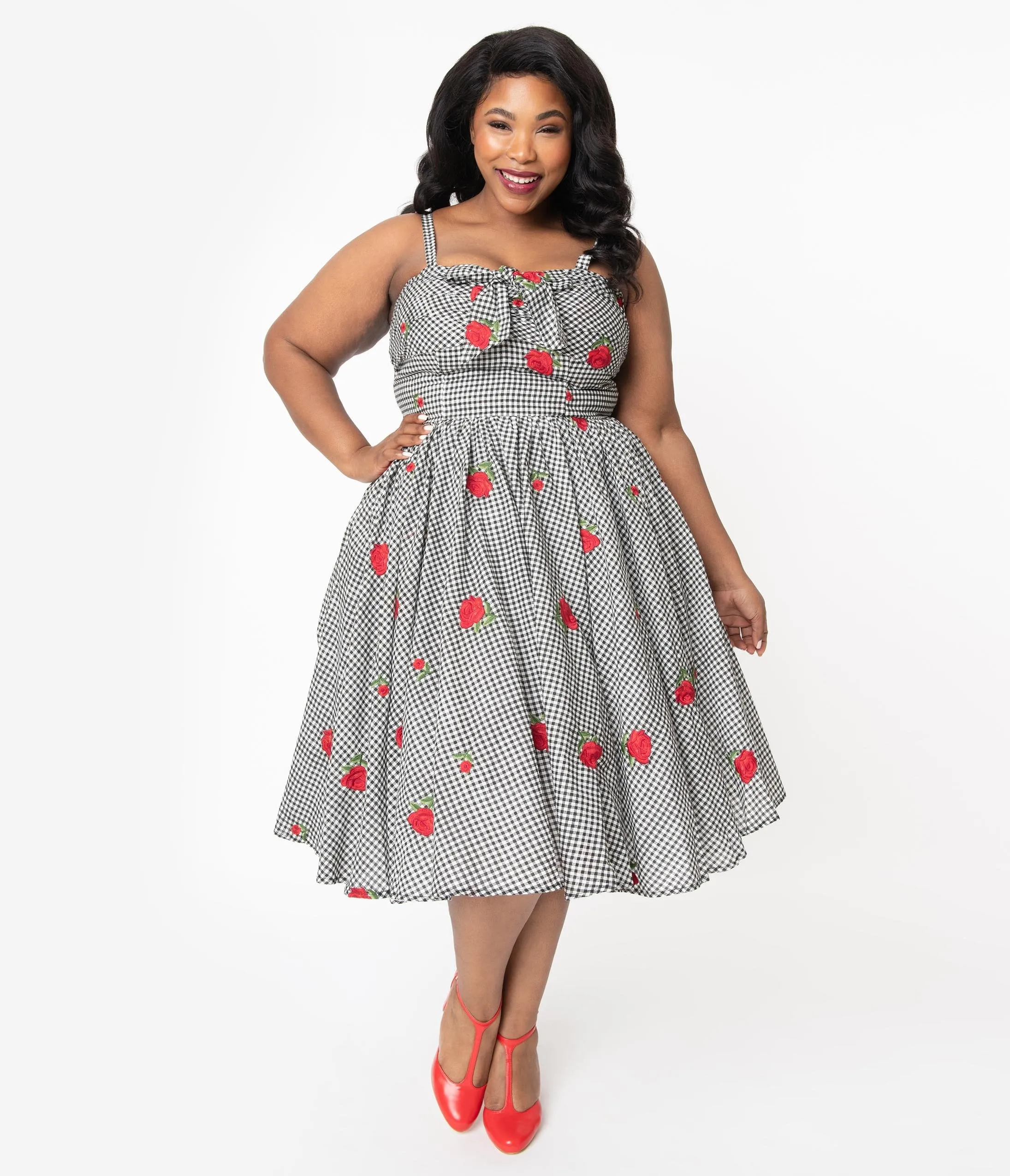 Unique Vintage Plus Size 1950s Black & White Gingham Roses Print Golightly Swing Dress