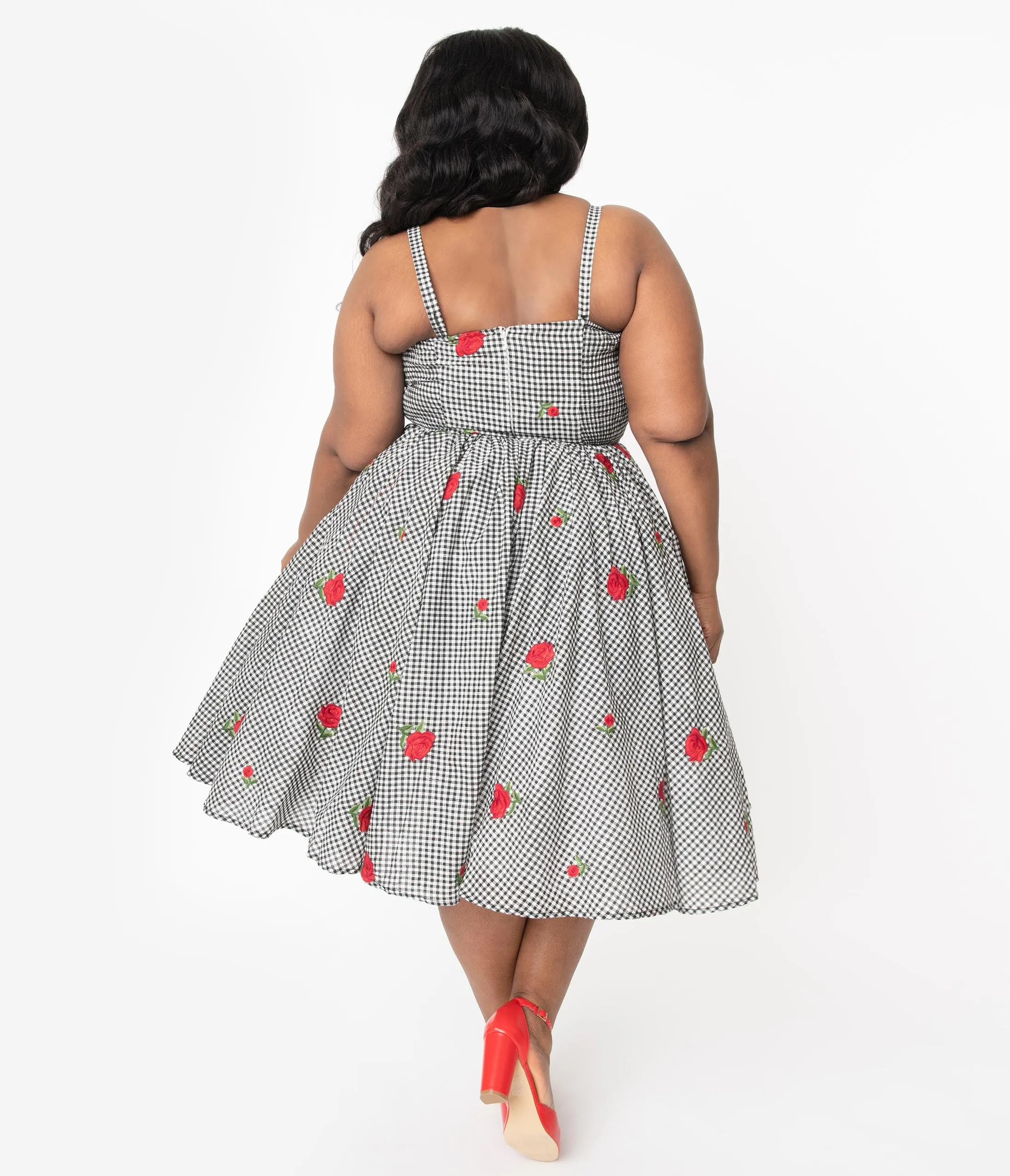 Unique Vintage Plus Size 1950s Black & White Gingham Roses Print Golightly Swing Dress