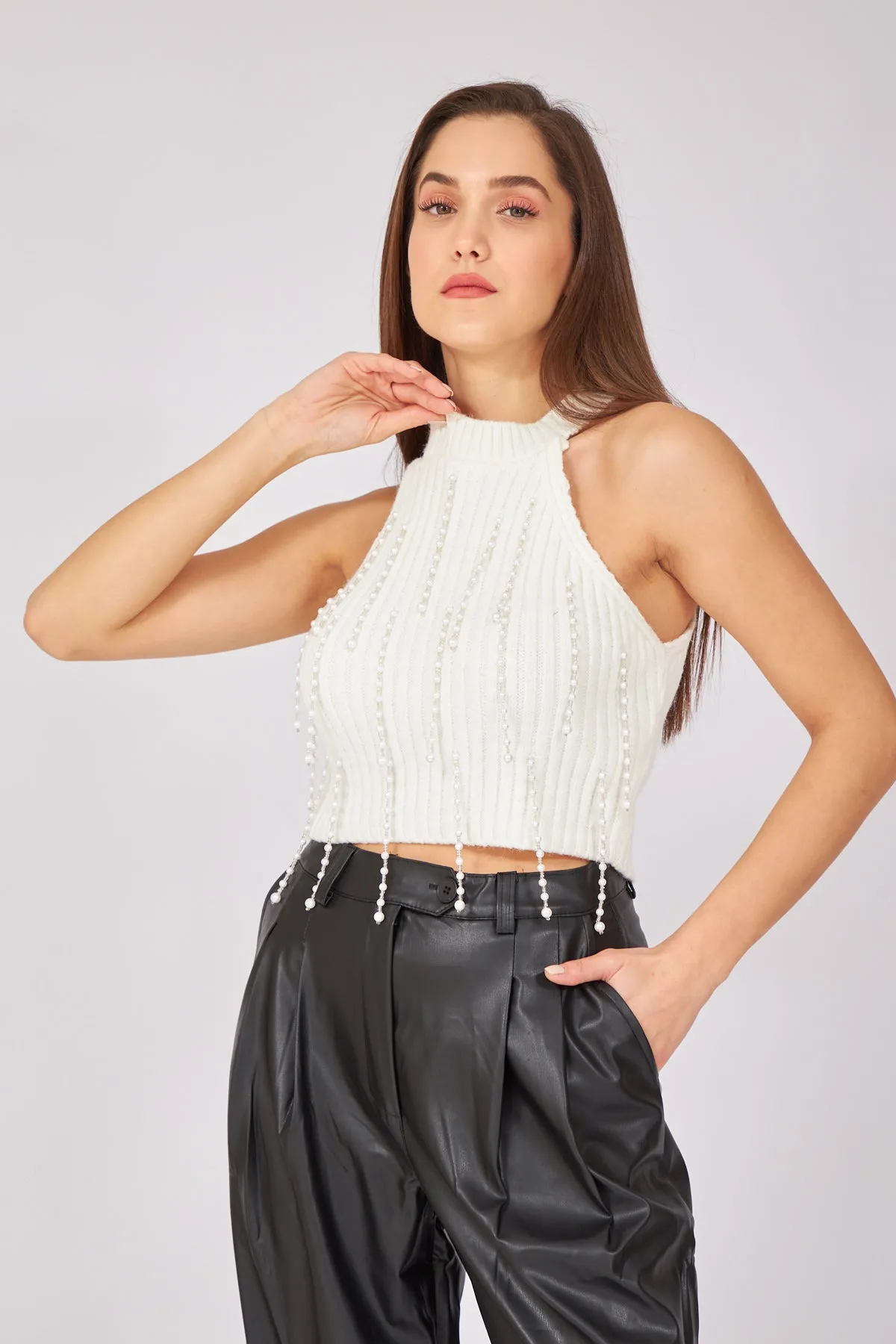 White  Pearl Detailed Knitwear