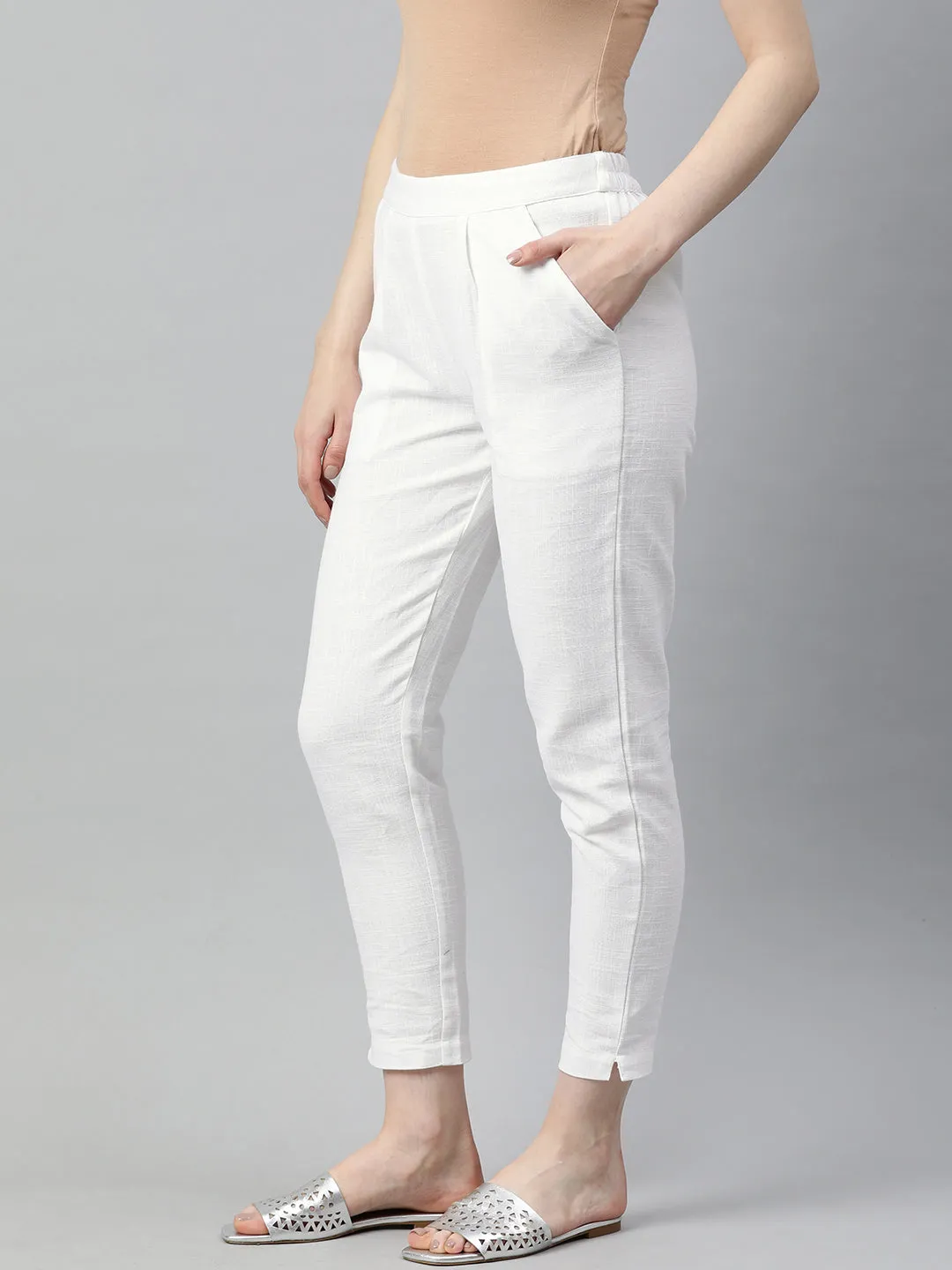 White Solid Cotton Slub Straight Pants