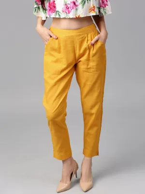 Yellow Solid Cotton Slub Straight Pants