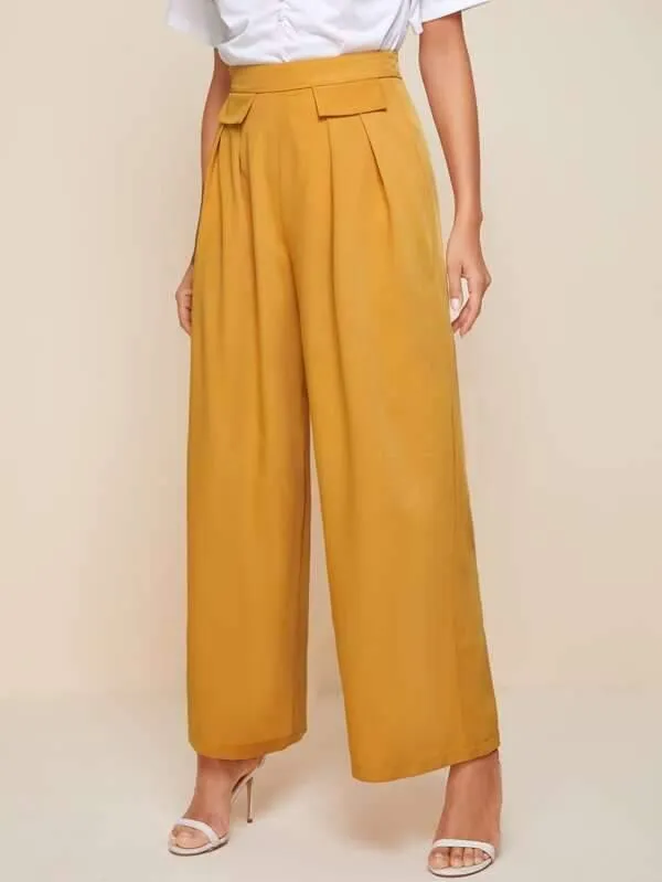 Zipper Side Flap Detail Fold Pleated Palazzo Pants